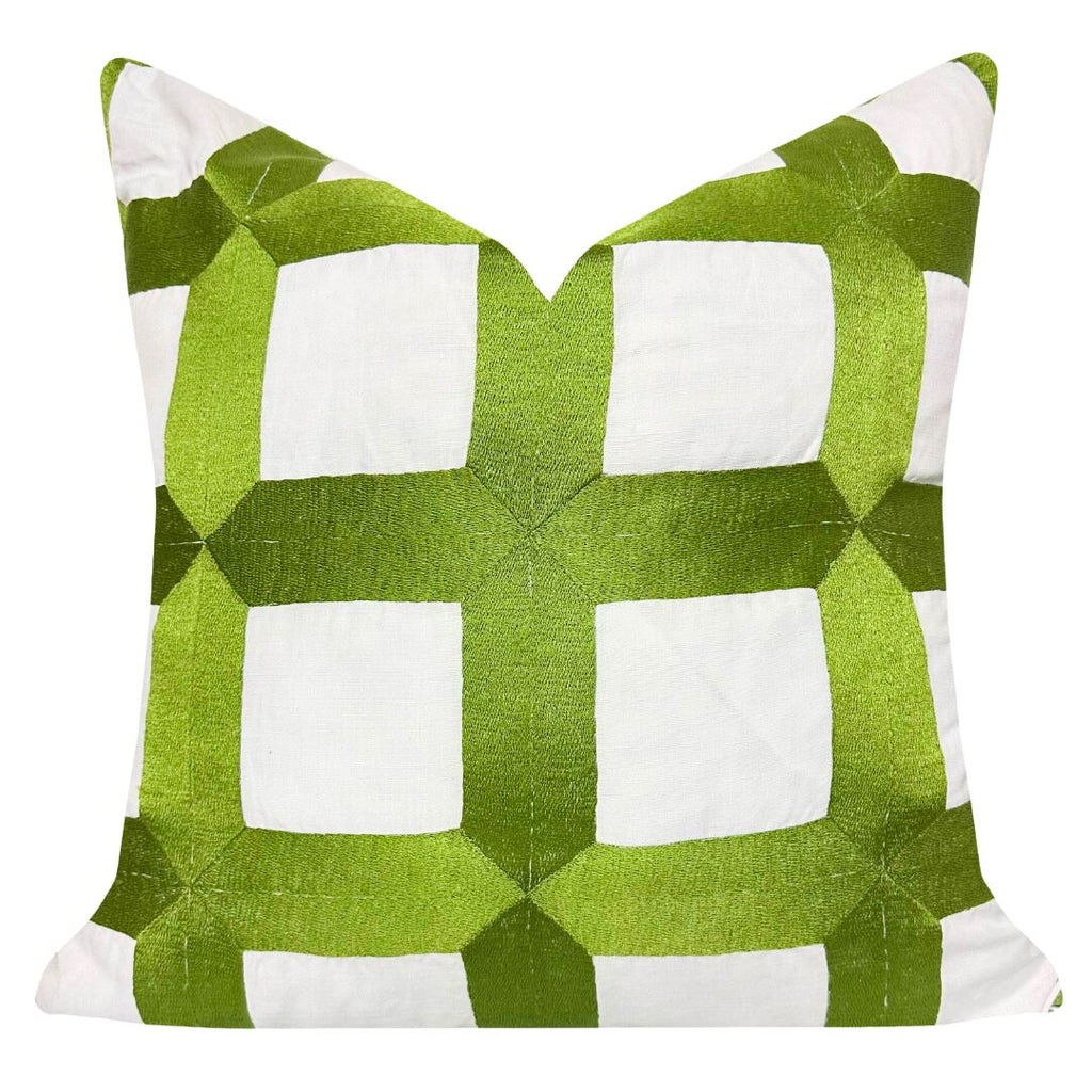 Embroidered Square Lattice 22x22 Pillow, Green